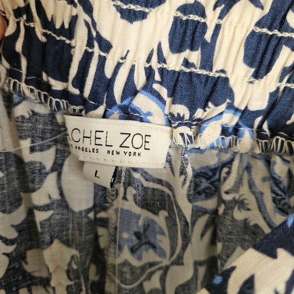 Rachel‎ Zoe Linen Blend Ikat Boho Wide Leg Crop Pants Sz L Blue Ivory Flowy - Picture 4 of 10